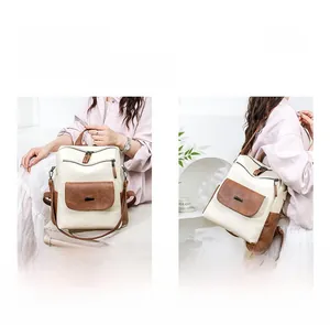 Functional two-tone women's backpack in beige and brown leather showing multiple carrying ways
