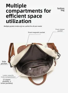 Detail view of large capacity cream and brown backpack with multiple interior pockets