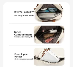 Detail view of large capacity compartments and internal zipper pockets of cream backpack