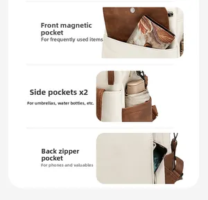 Detail view of backpack compartments including magnetic front pocket and anti-theft back pocket