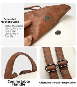 Detail view of magnetic clasp, rounded handle and adjustable leather straps of the backpack