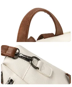 Close-up of litchi texture PU leather backpack with durable metal hardware and sturdy handles
