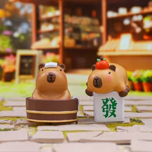 Cute capybara resin figurines set including mini bathtub and mahjong lucky base decor