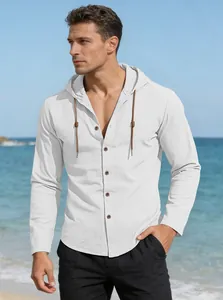 Men's white hooded linen shirt with drawstrings and dark buttons for beach vacations
