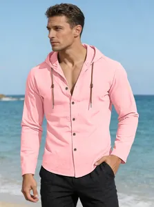 Detail of pink cotton-linen hooded shirt with front buttons and contrast drawstrings