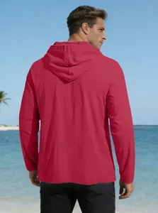 Rear view of red hooded cotton beach shirt showing breathable fabric texture and casual fit