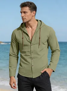 Detail of olive green hooded cotton shirt showing woven drawstring and fabric texture