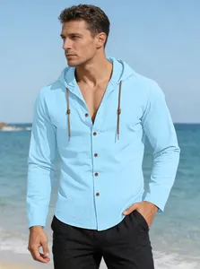 Close-up of light blue cotton linen hooded shirt with button closure and drawstring details