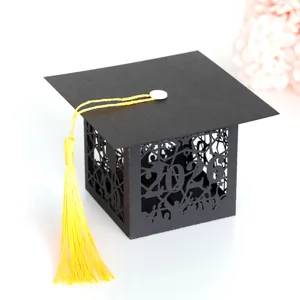 Graduation Cap Candy Box Black Laser Cut Gift Box With Yellow Tassel Graduation Ceremony Party Favors Cardboard Treat Box