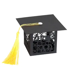 Black graduation cap favor box with yellow tassel and star cutout GRAD design