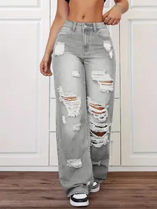 Damen Jeans mit hoher Taille, weitem Bein und Distressed-Details in verwaschenem Grau