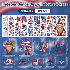 Guide des tailles pour 9 feuilles de stickers de fenêtre patriotiques du 4 juillet