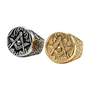 Vintage Titanium Steel Masonic Ring For Men Retro Distressed Skull Compass Square Design Rhinestone Inlaid Gothic Biker Ring
