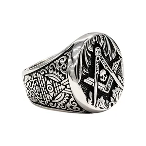 Vintage silver Masonic stainless steel ring with skull and all-seeing eye engravings