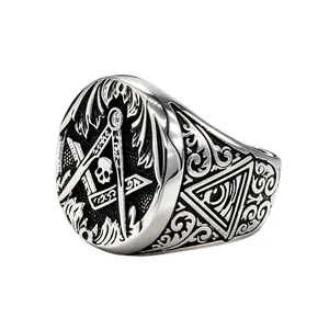 Vintage stainless steel Freemason skull ring with compass square and eye of providence