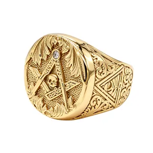 Vintage gold Freemason signet ring with cubic zirconia and skull detail for men