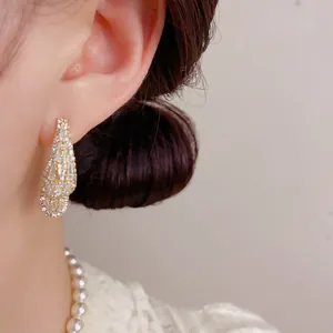 Élégantes boucles d'oreilles en or de style coréen avec zircons brillants sur l'oreille