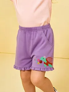 Short Décontracté en Coton pour Filles Avec Broderie Tortue et Fleurs Taille Élastique Ourlet à Volants Été Enfants