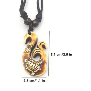 Maori style resin fish hook pendant necklace featuring a turtle engraving and dimensions