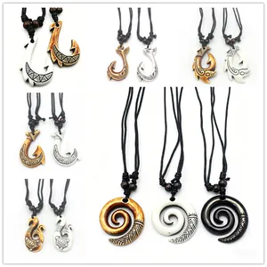 Maori Style Faux Bone Fish Hook Spiral Pendant Necklace For Men Women Tribal Carved Resin Turtle Honu Koru Ethnic Jewelry