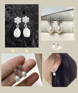 Détails de boucles d'oreilles fleur en argent avec perles d'eau douce en goutte