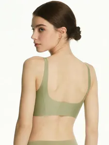 U-shaped open back detail of olive green seamless vest bra with wide shoulder straps