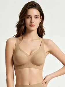 Detail of seamless V-neck bra with wide shoulder straps and soft ribbed texture