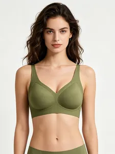 Detail of olive green seamless V-neck bra with soft jelly strip support and elastic fabric