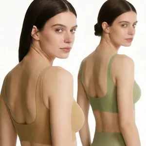 Deep U-back design of seamless vest-style bra with wide straps in earth tones