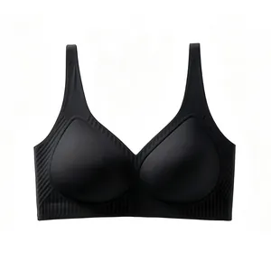Close-up of seamless black V-neck bra with soft jelly strip support and ribbed texture