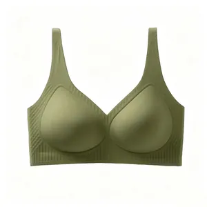 Detail of olive green seamless bra showing smooth texture and vertical soft support texture
