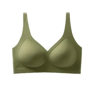Seamless V-neck olive green wireless bra with jelly strip soft support and thin padding