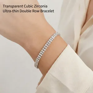 Luxury Double Row Rhinestone Tennis Bracelet Copper Alloy Sparkling Crystal Bangle For Women Wedding Party Elegant Jewelry