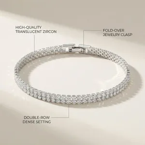 Close-up of double-row cubic zirconia bracelet with fold-over clasp in silver finish
