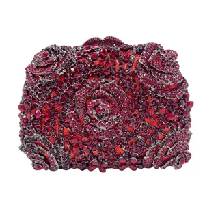 Pochette De Soirée Fleur Rose Creuse Sac À Main De Luxe En Cristal De Strass En Alliage Pour Femmes Mariage Fête Avec Chaîne