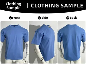 Front side and back views of a classic blue cotton round neck short sleeve T-shirt