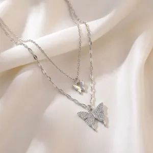 Double layered titanium steel necklace featuring shimmering butterfly pendants on silk