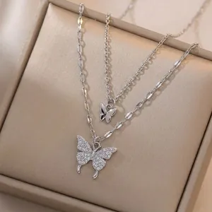 Layered Butterfly Pendant Necklace Stainless Steel Cubic Zirconia Inlaid Sparkling Minimalist Fashion Jewelry For Women