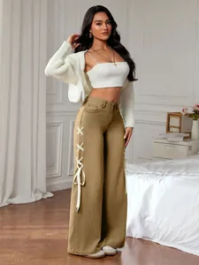 Khaki wide-leg high-waisted trousers with side cross ribbon lacing and silk drawstring design