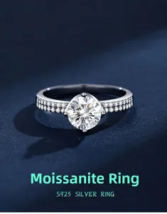 Detailed view of 1 carat D color moissanite ring set in polished S925 sterling silver