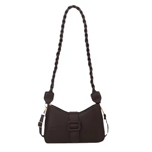 Retro coffee brown crocodile embossed shoulder bag with woven strap and square buckle detail