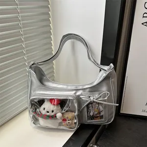 Women Clear PVC Window Ita Bag PU Leather Shoulder Underarm Bag With Bow Knot Doll Display Fashion Street Casual Handbag