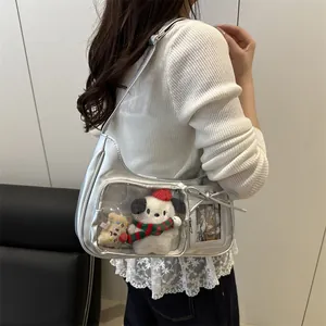 Silver Y2K PU leather crescent moon bag with transparent PVC window and plush dolls