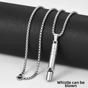 Close-up of functional silver whistle pendant necklace with a durable box chain