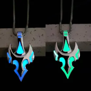Luminous bull helmet pendant necklace with blue and green glow on metal chain