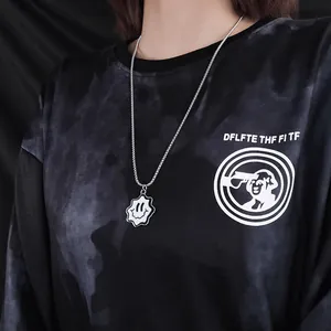 Y2K punk smiley face pendant necklace with wavy border on polished box chain for couples