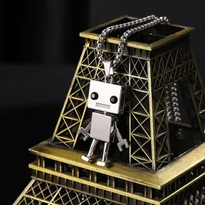 Silver hiphop robot pendant necklace with black gemstone eyes on box chain accessory