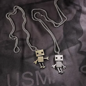 Robot pendant necklaces in vintage bronze and silver finishes with a sturdy box chain