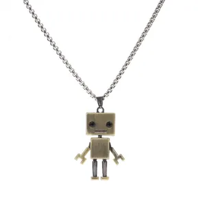 Retro robot pendant necklace with silver stainless steel chain and vintage brass finish