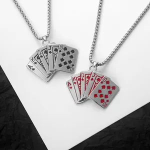 Hip hop royal flush poker card pendant necklace with red and black enamel details